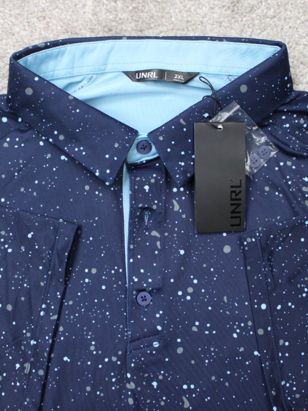 UNRL Polo Shirt NWT Mens 2XL Blue Geometric Extract Nightfall Athletic Fit S/S